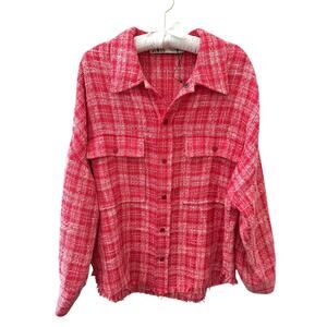 ZARA | Pink Plaid Tweed Jacket Shacket Frayed Hem Button Front | XL